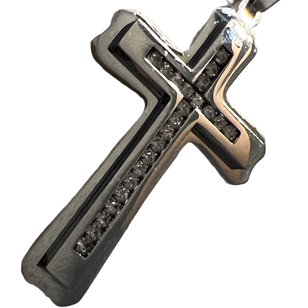 NEW 1/10 Ct Diamond Accent + 18KP White Gold & Stainless Steel Cross Necklace